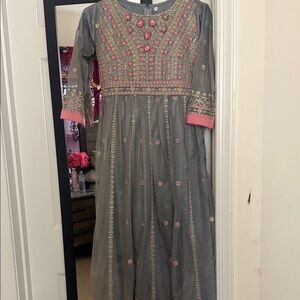 Elegant Gray and Pink Embroidered Kids Dress